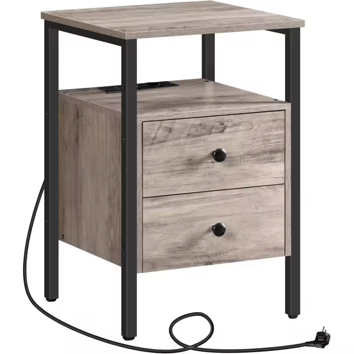 Bedside Table, Coffee Tables with Plug and USB Port, Side Table with Drawers and Storage Shelves, Suitable for Living Room, Bedroom, Greige - 1