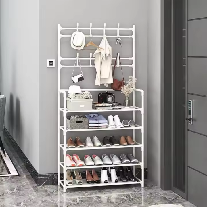Mi Ko Mi Ka Perchero de pie con banco para zapatos y ganchos extraíbles - Mueble de entrada multifuncional (80 x 25 x 154 cm, Negro/Blanco) Mikomika Estanteria Entrada Zapato (ZAPATO-002 1590 D1) - 1