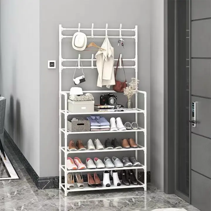 Mi Ko Mi Ka Perchero de pie con banco para zapatos y ganchos extraíbles - Mueble de entrada multifuncional (80 x 25 x 154 cm, Negro/Blanco) Mikomika Estanteria Entrada Zapato (ZAPATO-002 1590 D1) - 1