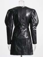 Vestido De Cuero Para Mujer Cuello Redondo Manga Escocesa Cintura Alta Mini Zipper Temperamento Vestido Moda Otoño Para Mujeres - details 3