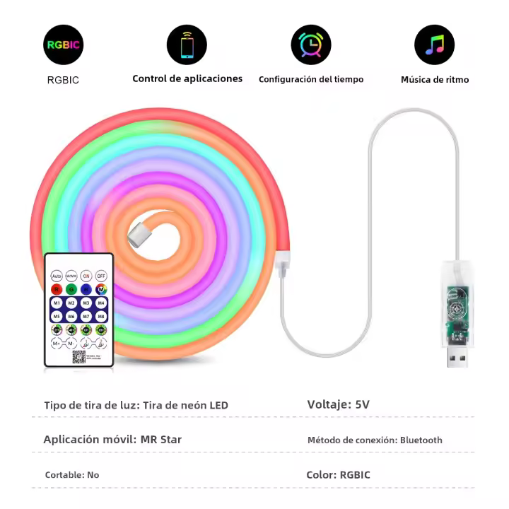 Tira De LED Neón Bluetooth USB 5M/16.4FT WS2812B RGBIC DC5V Efecto De Seguimiento Para Decoración De Pared Y Habitación - 1