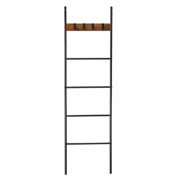 VASAGLE Estantería de Escalera Inclinada, toallero de 5 Niveles, 44 x 160 cm, Ahorro de Espacio, Marco de Acero, 4 Ganchos, para Mantas, Toallas, Estilo Industrial, marrón rústico y Negro - 1