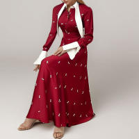 Vestido Elegante Mujer Rojo Estampado Manga Larga Botones Patchwork Casual Cintura Alta Midi Vestido Frontera A-Line Oficina - details 4