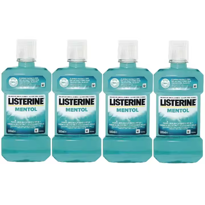 Listerine Enjuague Bucal Mentol 500ml, Pack Ahorro 4x500ml, Colutorio Con Fluor, Ofrece 24 Horas De Proteccion, Elixir bucal Mentolado Para un Aliento Fresco y Duradero - 1