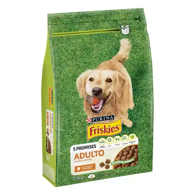 PURINA® FRISKIES® Adulto Aves 3KG Alimento para perros adultos completo y equilibrado sin colorantes añadidos, formulado para ayudar a mantener las defensas naturales de tu perro, un pelaje brillante y una piel saludable. - 1
