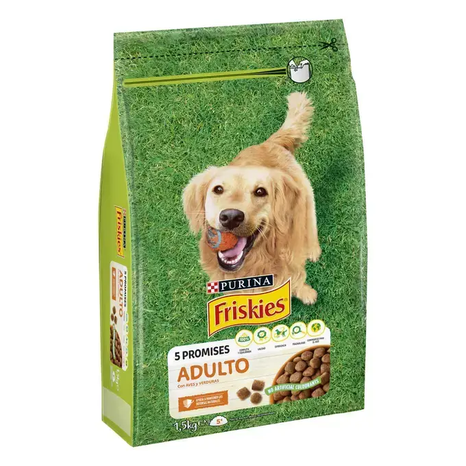 PURINA® FRISKIES® Adulto Aves 3KG Alimento para perros adultos completo y equilibrado sin colorantes añadidos, formulado para ayudar a mantener las defensas naturales de tu perro, un pelaje brillante y una piel saludable. - 1