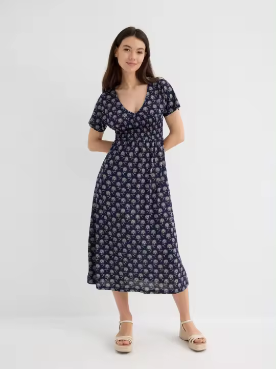 Vestido midi azul marino floral, cintura nido de abeja, escote en pico, mangas cortas, tejido ligero INSIDE - 1