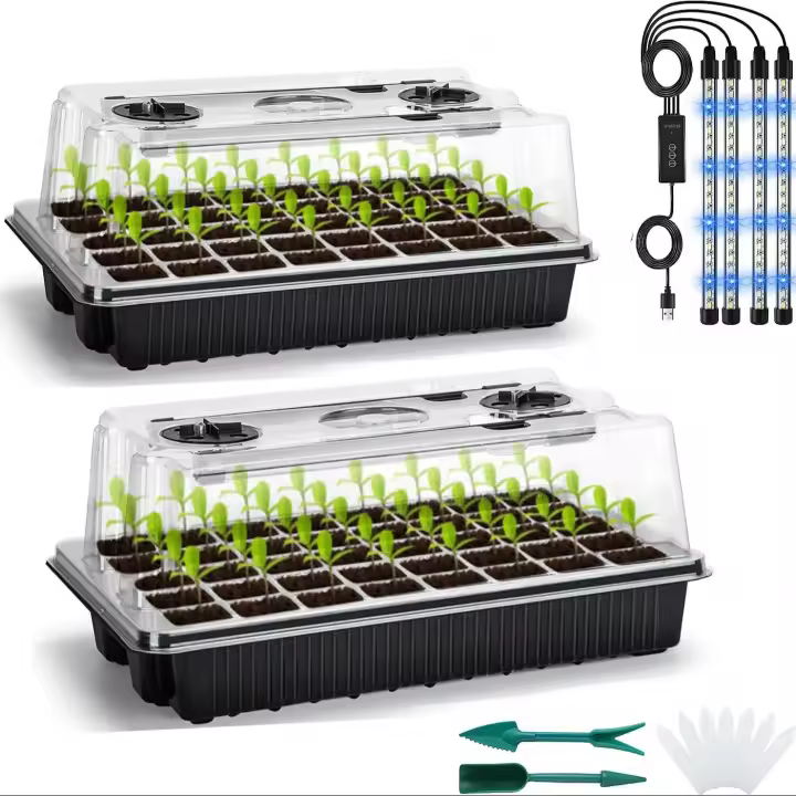 Juego De 2 Bandejas Para Germinación De Semillas Con Kit De Inicio De Semillas 80 Células Y 4 Luces De Crecimiento LED Con Temporizador Inteligente - 1