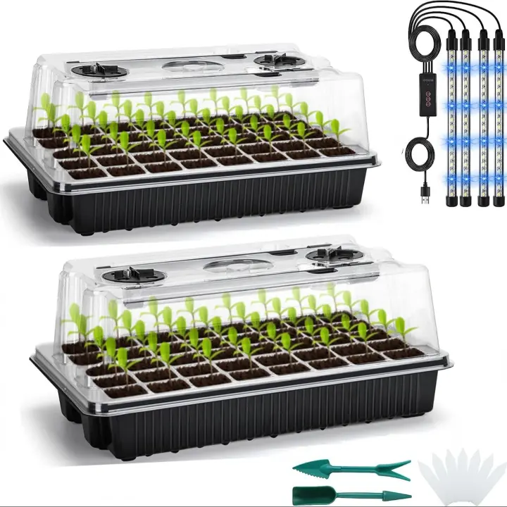 Juego De 2 Bandejas Para Germinación De Semillas Con Kit De Inicio De Semillas 80 Células Y 4 Luces De Crecimiento LED Con Temporizador Inteligente - 1