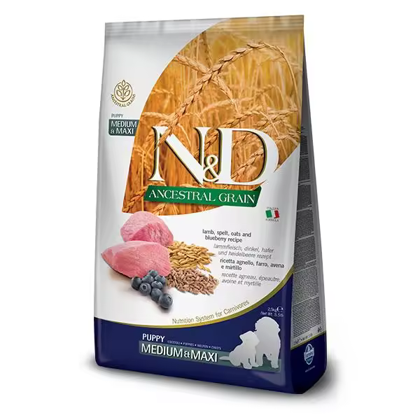 FARMINA N&D DOG PUPPY ANCESTRAL MEDIUM MAXI CORDERO 12KG / Alimento completo para cachorros de razas de tamaño mediano y grande y para hembras gestantes o en período de lactación. Elaborado a base de cordero, espelta, avena y arándanos. - 1