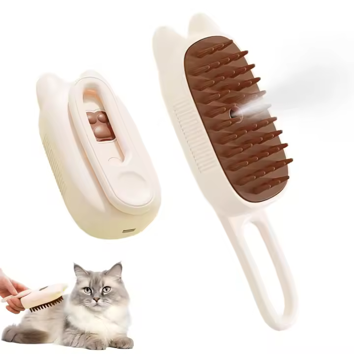 Cepillo de vapor para gatos que mudan el pelo, cepillo de vapor 3 en 1 para mascotas, cepillos de masaje de silicona para perros de pelo largo o corto (beige) - 1