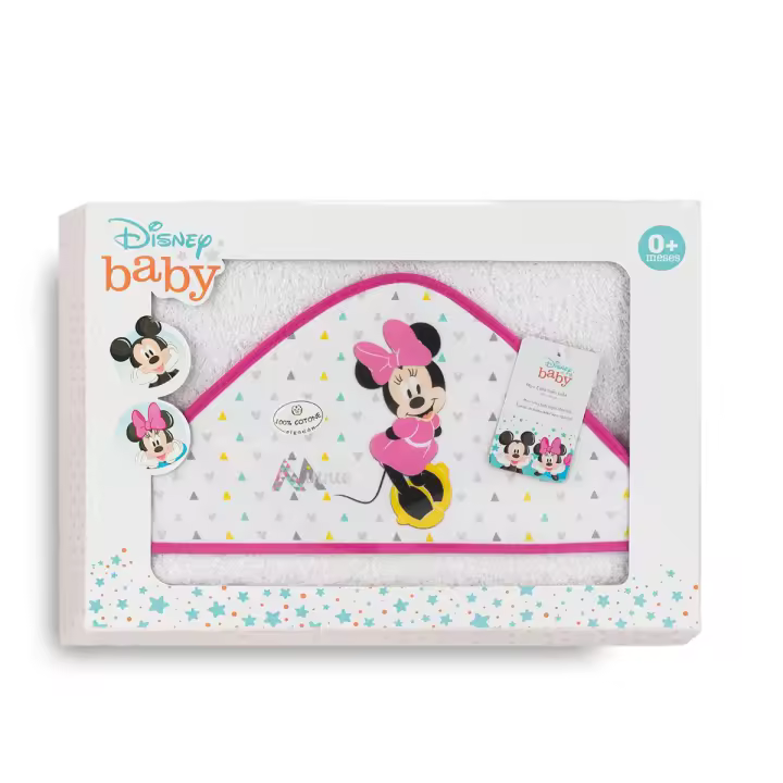 Capa de baño de algodón Minnie Disney | toalla de ducha | Blanco y fucsia | Rizo suave y personalizable | Marca Interbaby - 1