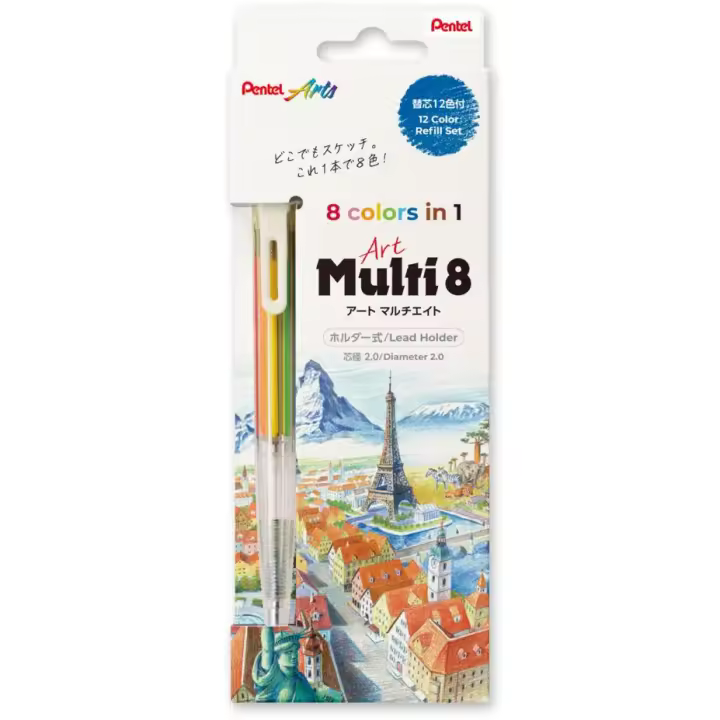 Pentel Art Multi 8 - Portaminas multicolor con 8 minas de color + juego de minas de repuesto (XPH804ST) - 1