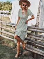 Vestido Largo Medio Casual De Rayas Para Mujer Con Borlas Cuello V Manga Corta Estilo A-Line Primavera Verano Polyester - details 5
