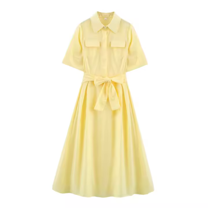 Vestido Largo Rojo Casual Elegante Para Mujer Con Cinturón Y Bolsillos Manga Corta Estilo Vintage Primavera/Verano - 1