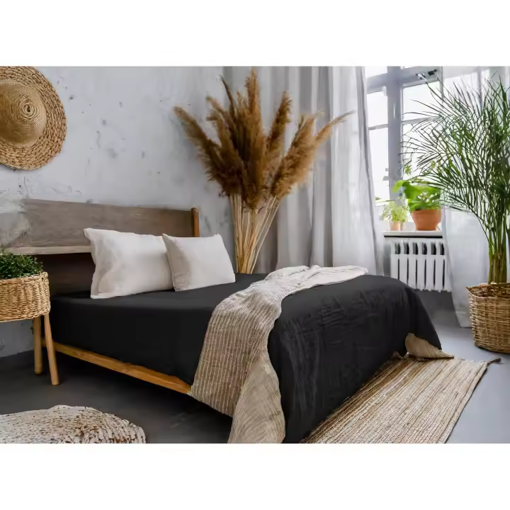 SANSY - Colcha NIA de Lino Natural Liso en color Gris Oscuro con Ribete para cama de 105 HECHO EN ESPAÑA - 1