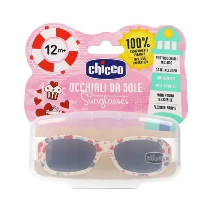 CHICCO - Gafas de sol Chicco - Para Niñas - Montura Flexible - Carcasa Incluida - Para más de 12 meses - Con Corazones y Pasteles - 1