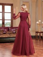 Vestido De Noche Elegante De Tulle Con Cuello En V Manga Larga Para Mujer Floor-Length Fiesta Cocktail Graduación Prom Chiffon - details 6