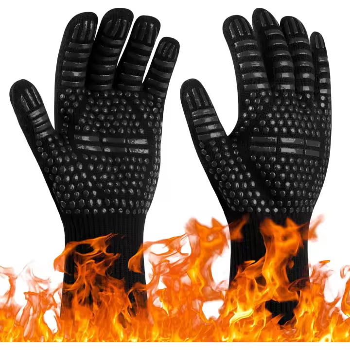 Guantes para parrilla resistentes al calor y al fuego, protección para las manos, resistentes al calor hasta 800 °C (negros) - 1