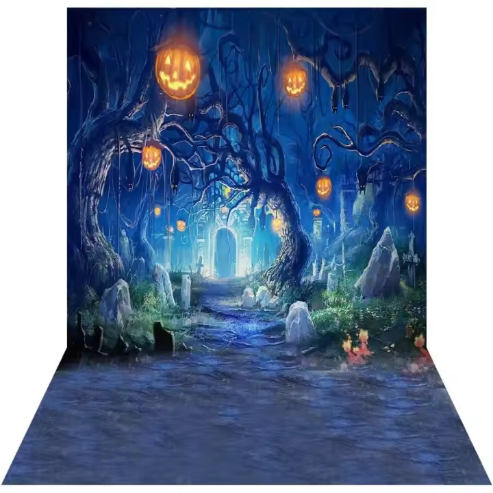 Fondo de fotografía de Halloween con diseño de calabazas y cementerio, de 1,5 x 1,9 m, para decoración de fiestas y estudio fotográfico (tipo 3) - 1