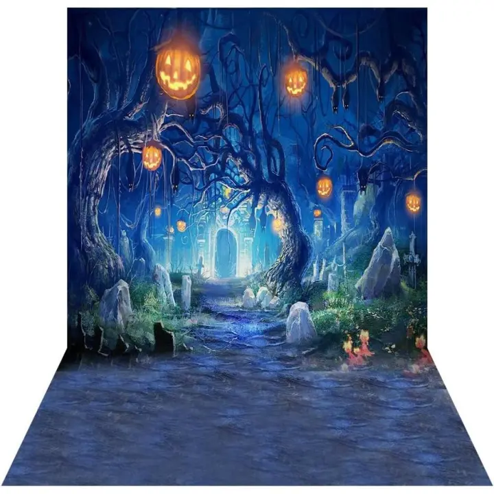 Fondo de fotografía de Halloween con diseño de calabazas y cementerio, de 1,5 x 1,9 m, para decoración de fiestas y estudio fotográfico (tipo 3) - 1