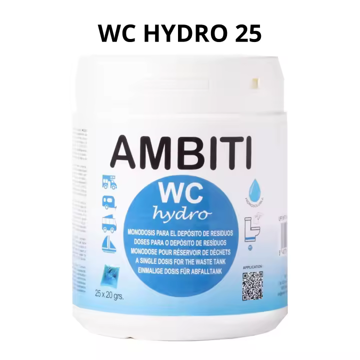 Ambiti  WC Hydro  Bolsitas Monodosis Hidrosolubles  Inodoros Químicos Portátiles y Depósitos de Residuos  Aguas Negras  Camping-Cars  Disponible en Packs de: 15, 25 o 50 Monodosis  Fragancia a Piña Colada - 1