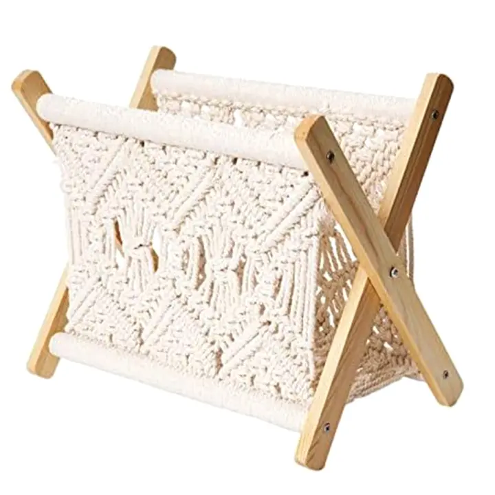 Revistero Boho, Revistero tejido con cuerda, Cestas de revistas con diseño de tela de cuerda, Almacenamiento de porta revistas - 1