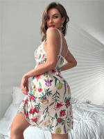 Vestido De Noche Floral Con Volantes Y Encaje Sleepwear Sexy Para Mujer Vestido De Novia Vintage Sin Mangas Cuello En V Poliéster Y Spandex - details 2