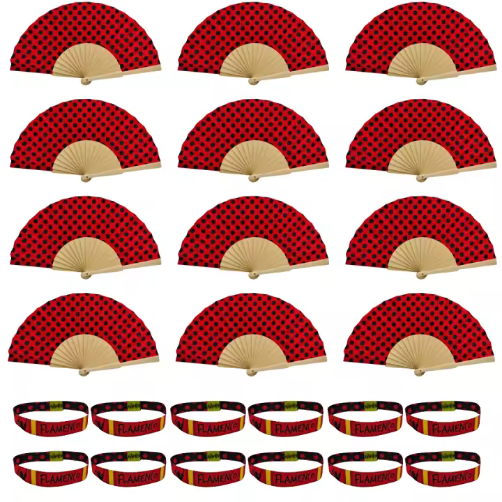 Pack 12 Abanicos Flamencos de Bambú y Tela + 12 Pulseras Bordadas | Souvenir España | Regalos Fiesta Temática, Despedida de Soltera, Feria Andaluza, Evento Flamenco - 1