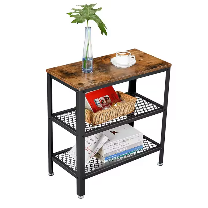 Mesa auxiliar con 2 estantes de malla, compacta y estable para salón, dormitorio y oficina, fácil montaje, estilo industrial, marrón rústico - 1
