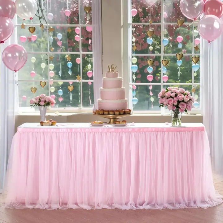 Falda de mesa de tul rosa de 6 pies para baby shower, mantel para mesas rectangulares o redondas - 1