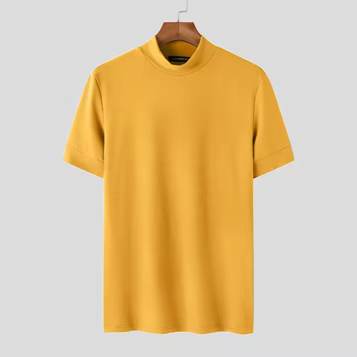 Camiseta De Hombre 2024 Estilo Coreano Casual Con Cuello Alto Y Mangas Cortas Para Verano Moda Streetwear Tejido Poliéster Y Spandex - 1