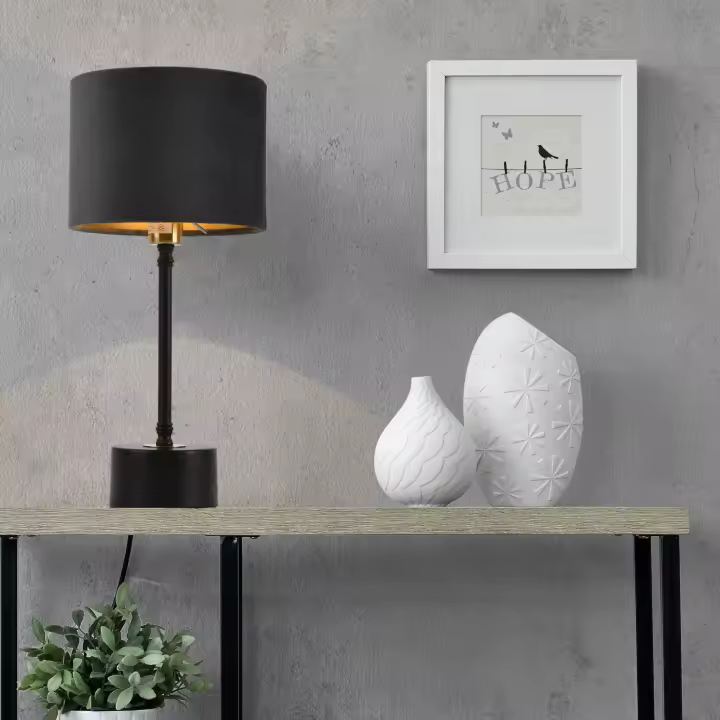 Lámpara de mesa Deventer - Metal Franela - 39cm x ø18 cm - Negro y Pantalla Gris [lux.pro] - 1