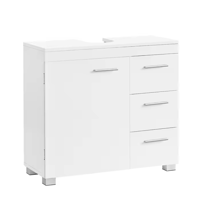 Armario bajo para lavabo de baño, 3 amplios cajones, 2 compartimentos detrás de puerta, con patas estables, color blanco o gris cemento - 1