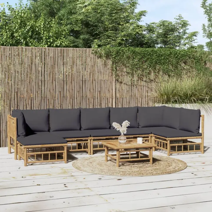 vidaXL Set de muebles de jardín 8 piezas bambú con cojines gris oscuro - 1