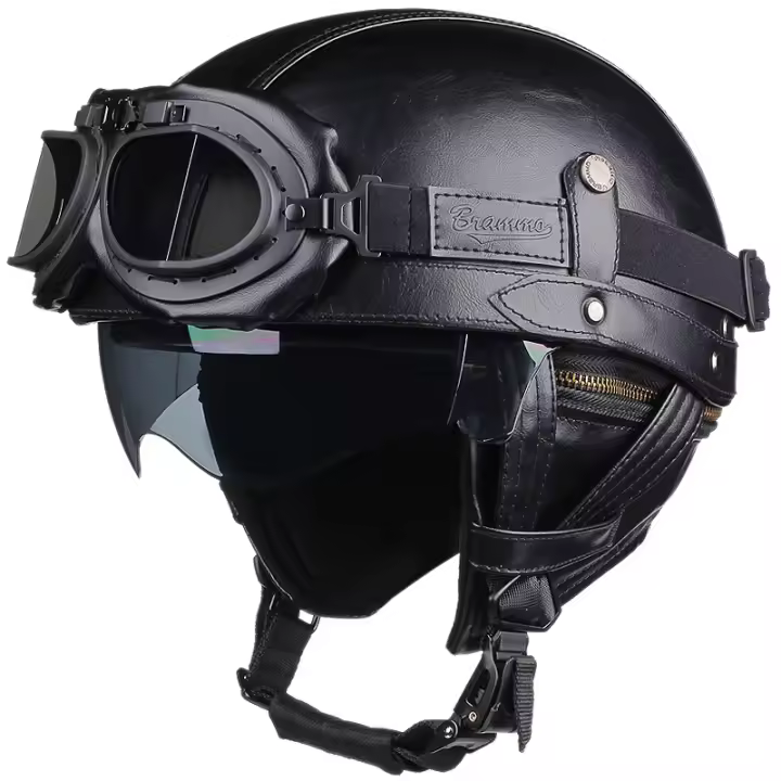 Casco De Motocicleta Retro En Cuero PU Para Hombres Y Mujeres Casco Medio Con Lente HD Adecuado Para Ciclismo Y Patinaje En Cuatro Estaciones - 1