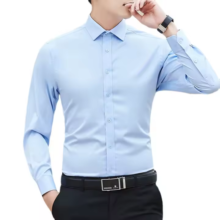 Camisa De Negocios Casual Para Hombre De Color Sólido Slim Fit Cuello En V Manga Larga Alta Calidad Sin Planchar Moda Clásica - 1