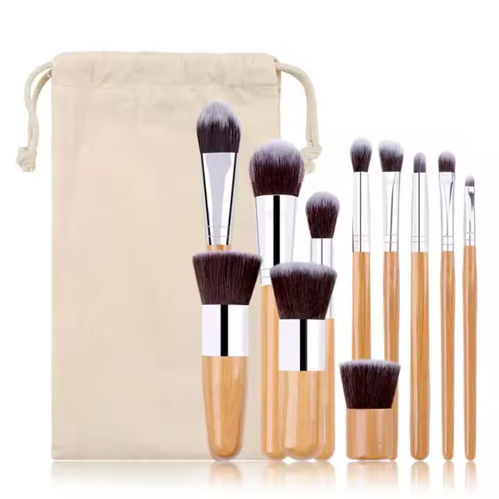 Juego De 11 Pinceles De Maquillaje De Bambú Natural Con Manguera Alta Calidad Para Fundamento Blending Herramienta Cosmética Con Bolsa De Algodón - 1