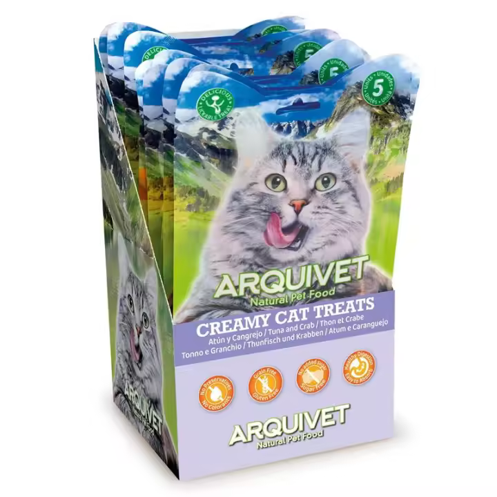 Premios para Gatos Snack Cremoso de Atún y Cangrejo para Gatos - (expositor de 12 bolsas con 5x14 g) (60 Tubos)Comida húmeda para gatos Arquivet - 1