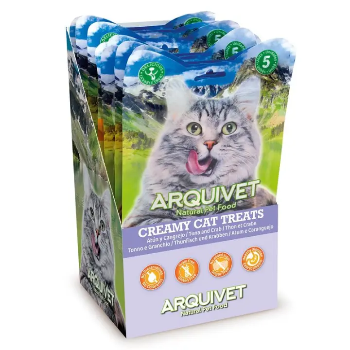 Premios para Gatos Snack Cremoso de Atún y Cangrejo para Gatos - (expositor de 12 bolsas con 5x14 g) (60 Tubos)Comida húmeda para gatos Arquivet - 1