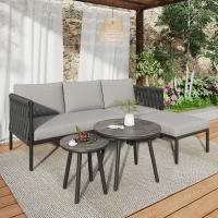 Juego de muebles de Jardín, juego de Esquina, sofá + 2 mesas de café + reposapiés, Malla de Cuerda Gruesa, Mesa de Vidrio con surface de Mármol, para Jardines, piscinas y otras áreas al Aire Libre, Gris - details 0