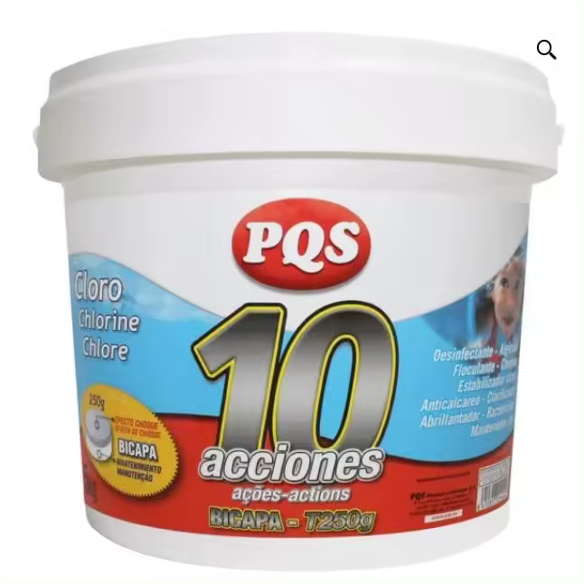 PQS CLORO 10 ACCIONES BICAPA, Tableta 250 G Cloro 10 Acciones BICAPA T-250 g 5 kg, un producto completo que proporciona al agua de la piscina los efectos: Desinfectante, Anticalcáreo, Algicida, Clarificante, Floculante, Abrllantador, Bactericida, Choque - 1