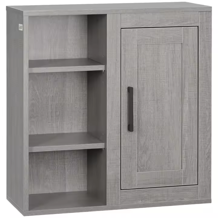 kleankin Armario de Baño de Pared con 3 Estantes Abiertos y 1 Puerta Mueble Auxiliar Suspendido para Salón Aseo Dormitorio Estilo Moderno 48x20x50 cm Gris - 1