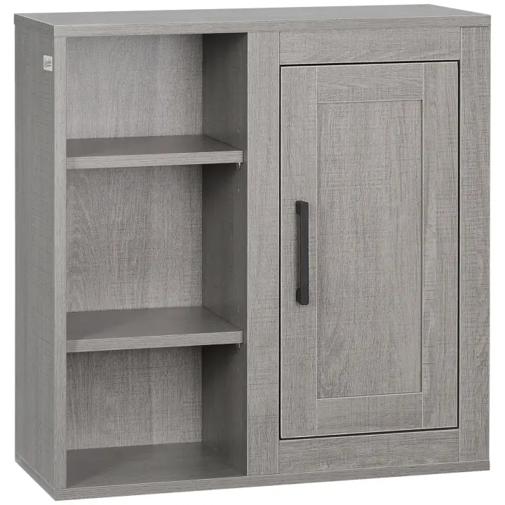 kleankin Armario de Baño de Pared con 3 Estantes Abiertos y 1 Puerta Mueble Auxiliar Suspendido para Salón Aseo Dormitorio Estilo Moderno 48x20x50 cm Gris - 1