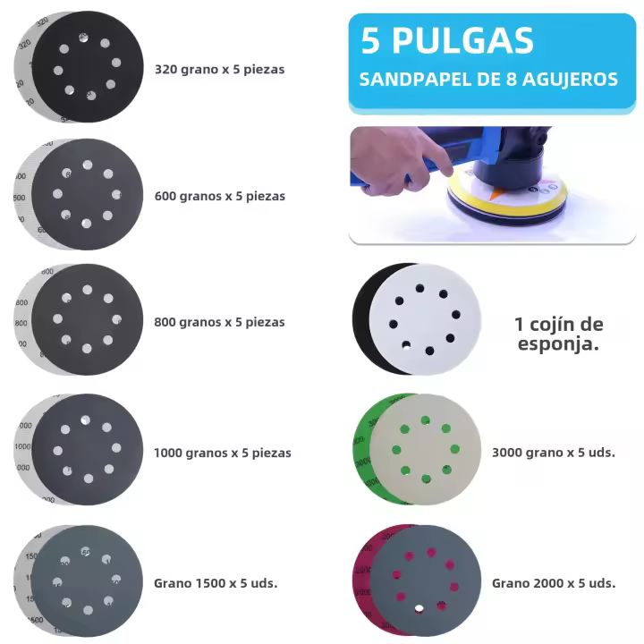 36Pcs Disco De Arena 5 Pulgadas Silicona Carburo Con Enchufe Y Lazo Papel De Arena 320/600/800/1000/1500/2000/3000 Grados Mixtos 8 Agujeros Seco Y Húmedo - 1