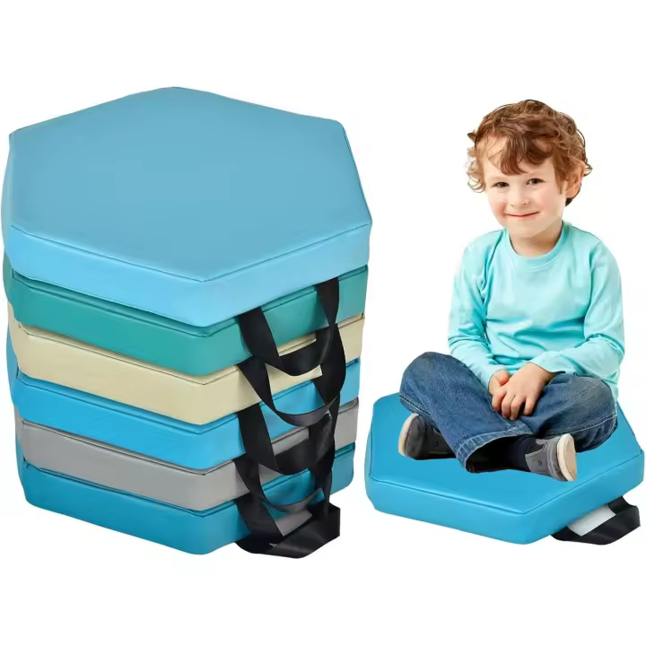 6 cojines de suelo de 38 cm para niños, de piel sintética gruesa, impermeables, flexibles, para aulas de primaria, con funda y asa desmontables, para guarderías, preescolares y el hogar (hexagonales) - 1