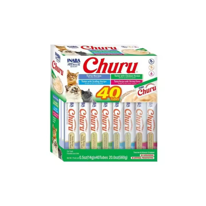 INABA Churu Cat Variedades de Atún con Marisco 40 Tubitos - Deliciosos Premios para Gatos - Proteína de Alta Calidad - Variedad de Sabores - 1