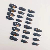 Pegatinas De Uñas Postizas Matte Negro Con Diseños De Mariposas Y Estrellas Doradas Y Naranjas 24 Piezas Almendra - details 1