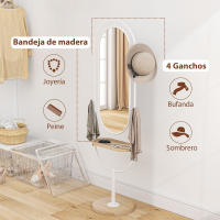 HOMCOM Espejo de Cuerpo Entero 175,5x50 cm Espejo de Pie con Bandeja de Madera 4 Ganchos y Marco de Metal para Salón Dormitorio Blanco - details 4