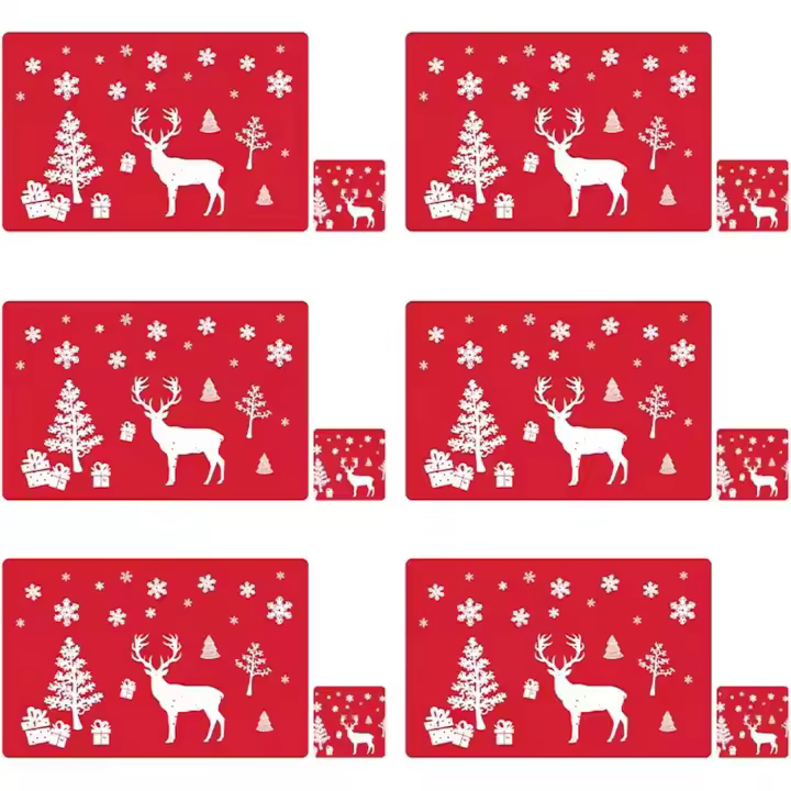 Juego de 12 manteles individuales navideños de PVC, lavables y resistentes al calor, con diseño de reno para decorar la mesa del comedor (rojo). - 1
